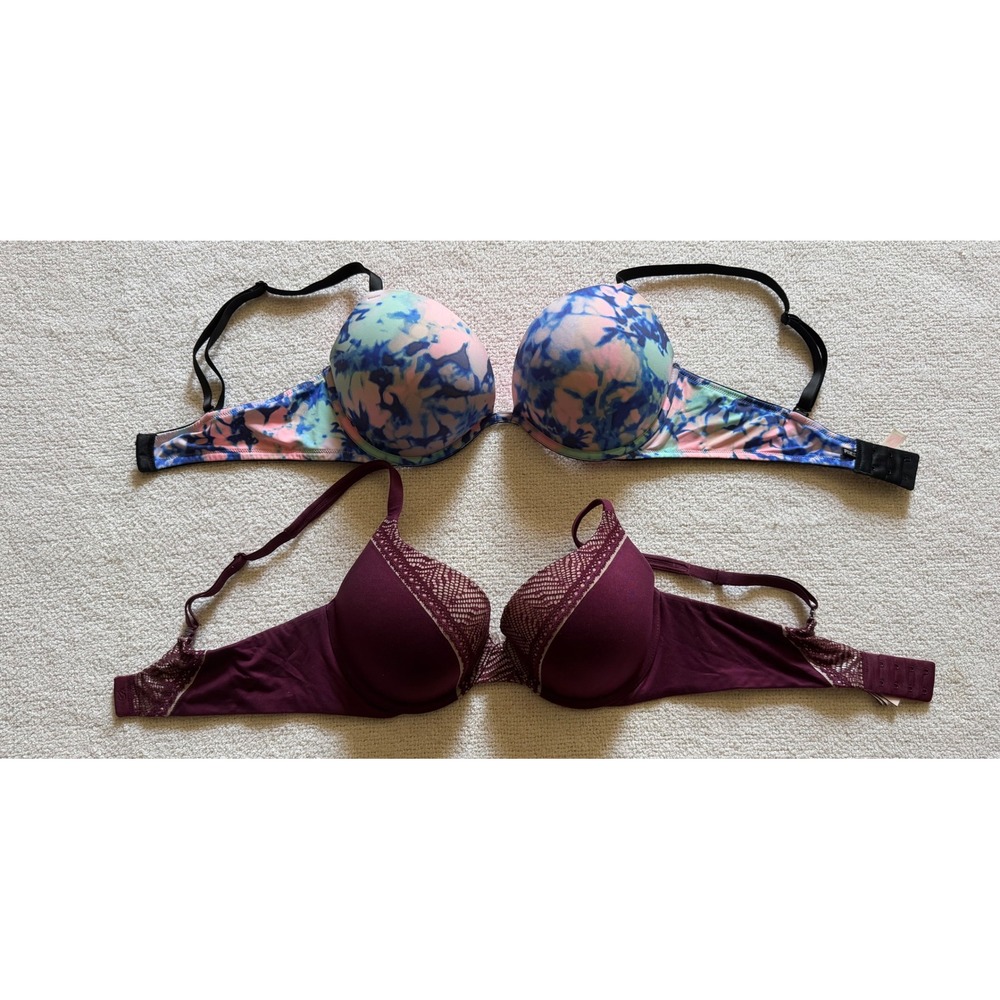 Victoria's Secret PINK Bra Bundle 36C Burgundy Lace & Tie Dye Push Up 2 Pack